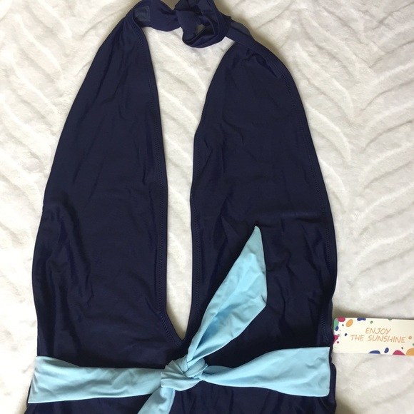 🛍 One-piece Navy Swimsuit Deep V Blue Tie - Picture 3 of 9